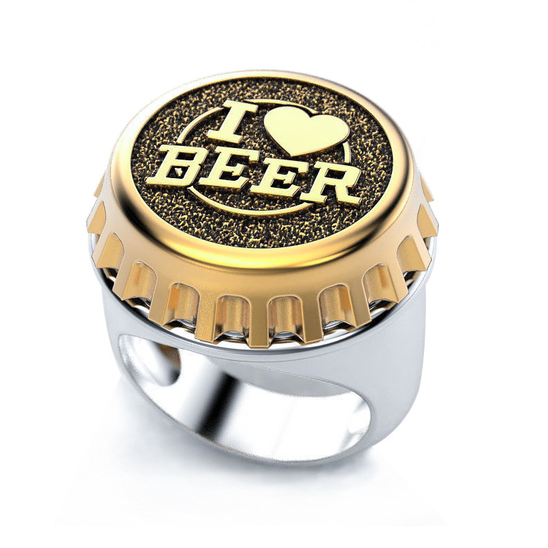 

Cluster Rings Gothic Letters I Love Beer Men's Signet Ring Two Tone Color Cocktail Party Club Bottle Cap For Lover Gift Boyfriend