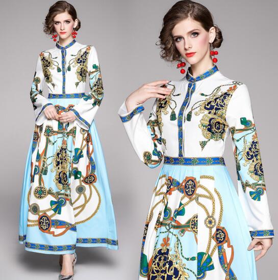 

Fall New European and American Lapel Long Sleeve Print Waist Dress, Sky blue