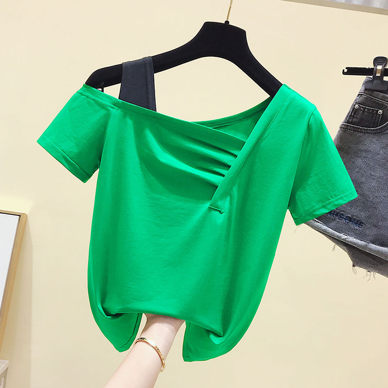 

Europe stand a word shoulder new short sleeve dress sexy female T-shirt half sleeve dew shoulder clavicle coat of cultivate one, Green