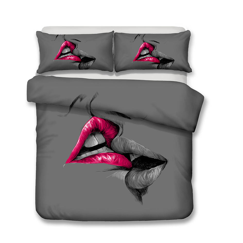 

Lips 3D Printed Bedding Set Kiss Love Printed Romantic Simple Duvet Cover Queen Gray Home Dec Double King Bed Cover with Pillowcase, Blue