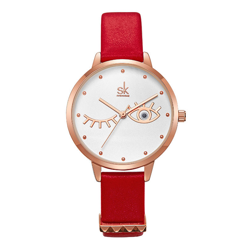 SHENGKE Montre à quartz de mode féminine Bracelet en cuir Boucle ardillon Haute qualité 001 Modélisation créative Cadran analogique Visage Mouvem