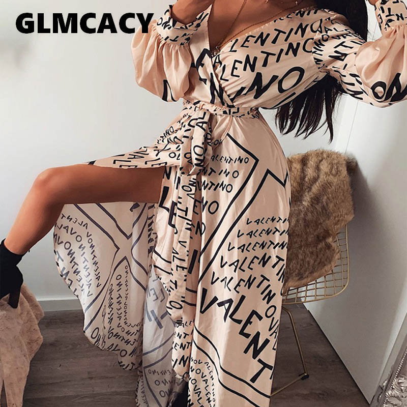

Women Letter Print Sexy V-Neck Thigh Slit Maxi Dress Long Sleeve Elegant Boho Beach Dress Casual Long Dresses, Multi