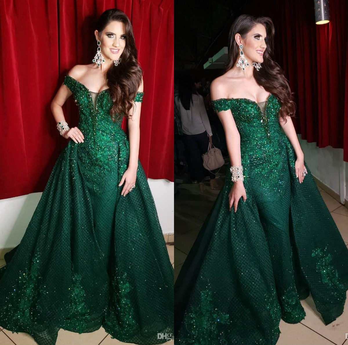 

2020 Dark Green Evening Dresses With Detachable Train Lace Appliqued Sequins Off Shoulder Prom Dress Party Wear Custom Made Red Carpet Gowns, Yellow