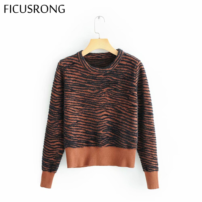 

Zebra Knitted Sweater Pullover Women O Neck Casual Sweaters Tops New Fashion Long Sleeve Sweater Women Mohair Top FICUSRONG, Brown