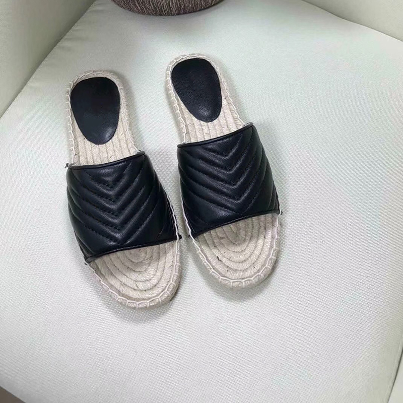 

Women Leather Espadrille Fashion Slippers Black Non-slip Sandal Stripes Straw two tone Canvas Slippers Outdoor 4 colors With Box US5-11, Red