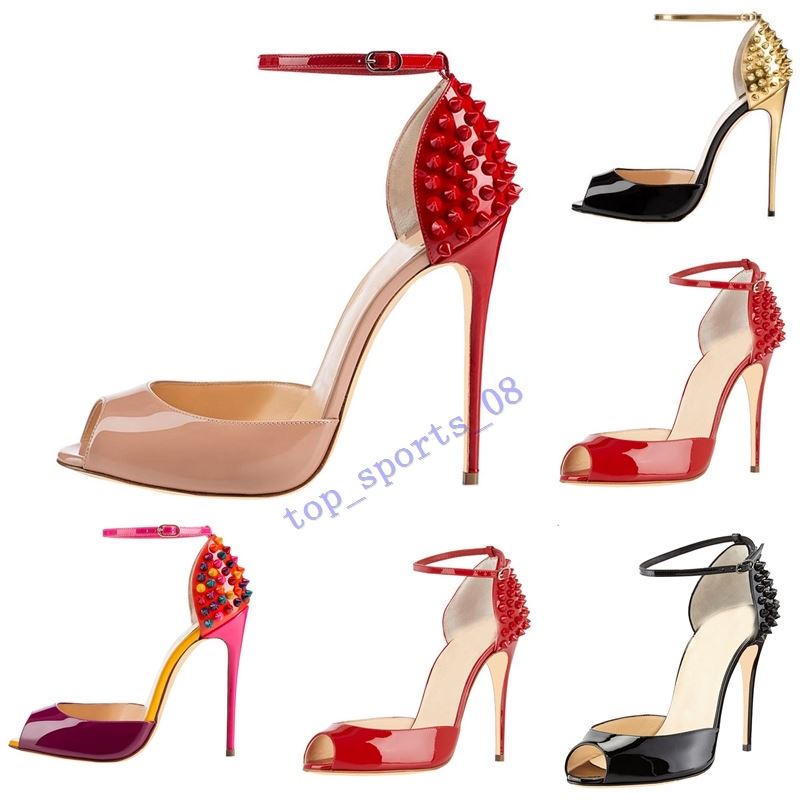 

hot 2020 New Women fashion Rivets High Heels Dress Peep Toes Shoes Super High Heel Sandals Spiked Studded Red Bottom Pumps 10cm size  -42, Box