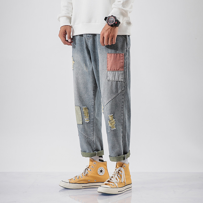 

2020 affixed cloth joining together the new Japanese leisure jeans men fertilizer plus-size loose trousers of straight, Blue