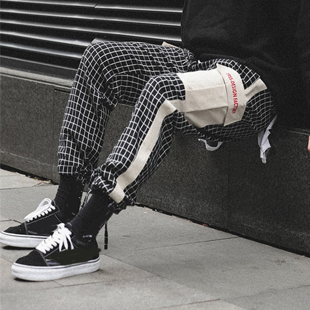 

2019 Pockets Cargo Pants Men Color Patchwork Men' Personality Japanese Style Plaid Trousers Large Streetwear Hip-hop Trousers, Black