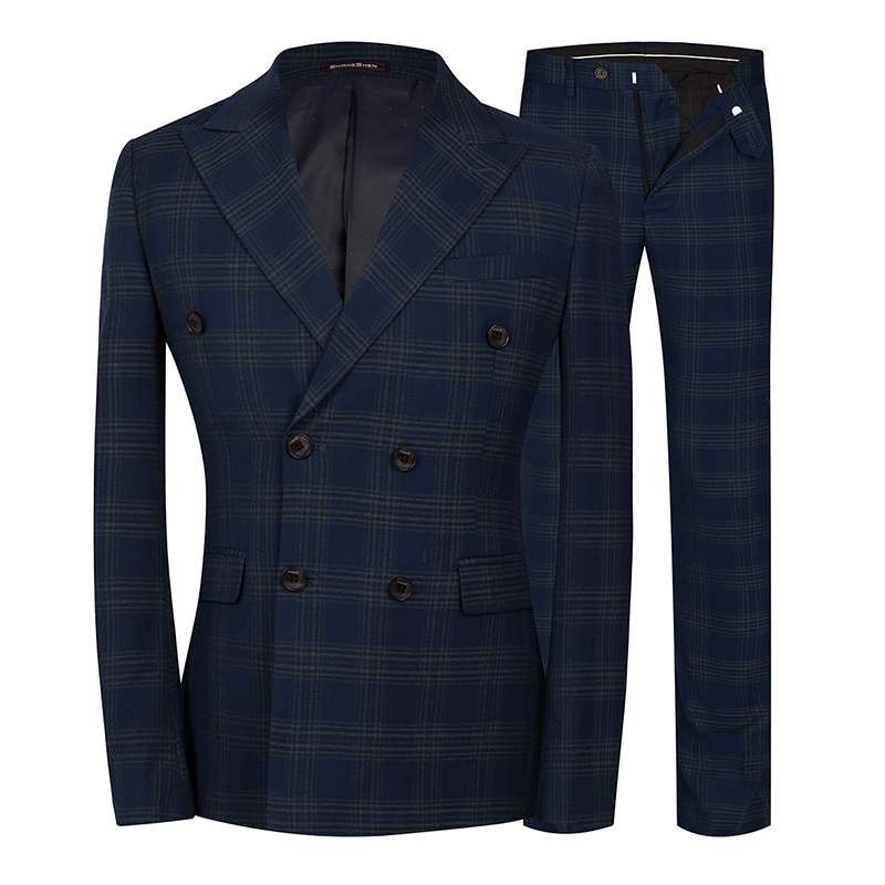 

2019 Classic Plaid Wedding Suit For Men Double Breasted 2 Pieces Slim Fit Men Tuxedos Party Dress Elegant Male Suits, Navy blue