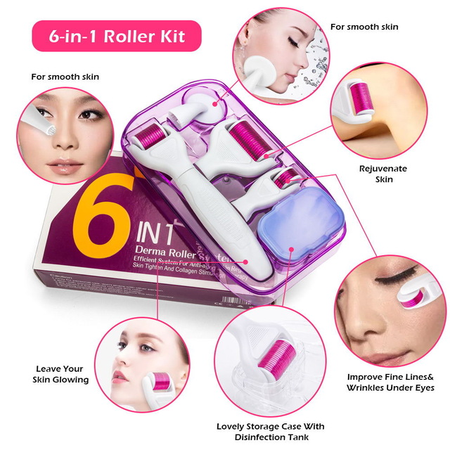 

6in1 Microneedle Derma Roller Kit Titanium Dermaroller Micro Needle Facial Roller For Eye Face Body Treatment facial clean brush