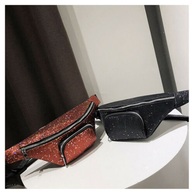 

New Women Waist Fanny Pack Belt Bag Fashion Sequin Travel Hip Bum Bag Small Purse Chest Pouch Lovely Crossbody Shoulder, Black