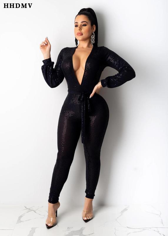 

HHDMV Hot Spring 2020 Backless Elastic Skinny Solid Catsuit Fashion Vintage Long Sleeve Long Pant Jumpsuits V-neck Slim Romper, Black