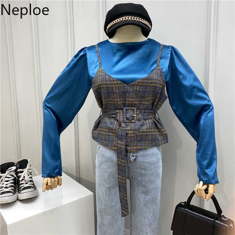 

Neploe Women Two Piece Outfits Plaid V Neck Sleeveless Sashes Camis+Solid Stain O Neck Long Sleeve Shirts Fashion Suits A10013, White