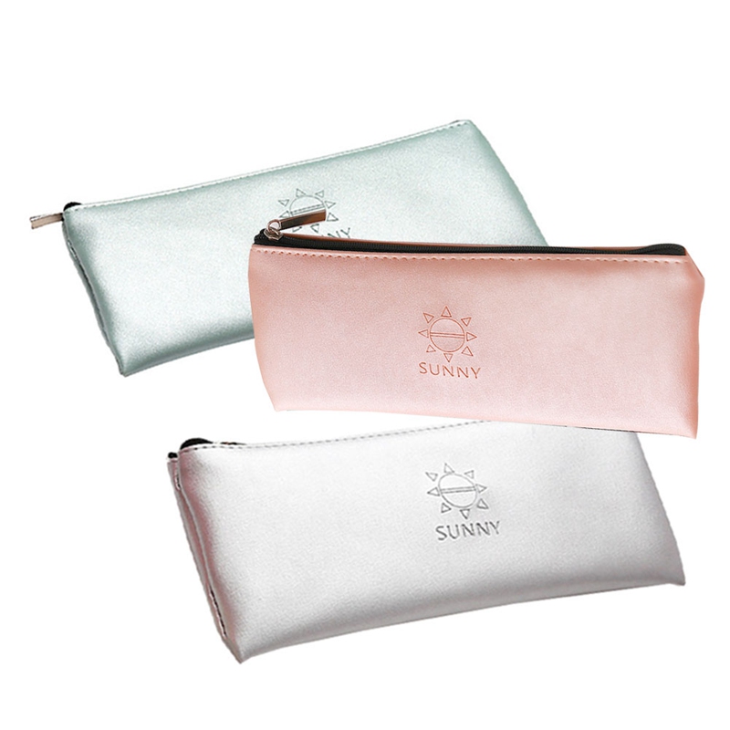 

Hot Sale Simple Green Gold Silver Pink Leather Pencil Case School Supplies Stationery Gift Storage Bag Pencil Box