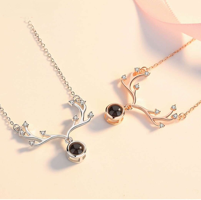 

100 Languages I Love You Projection Pendant ,Antler Shape memory Necklace, Silver