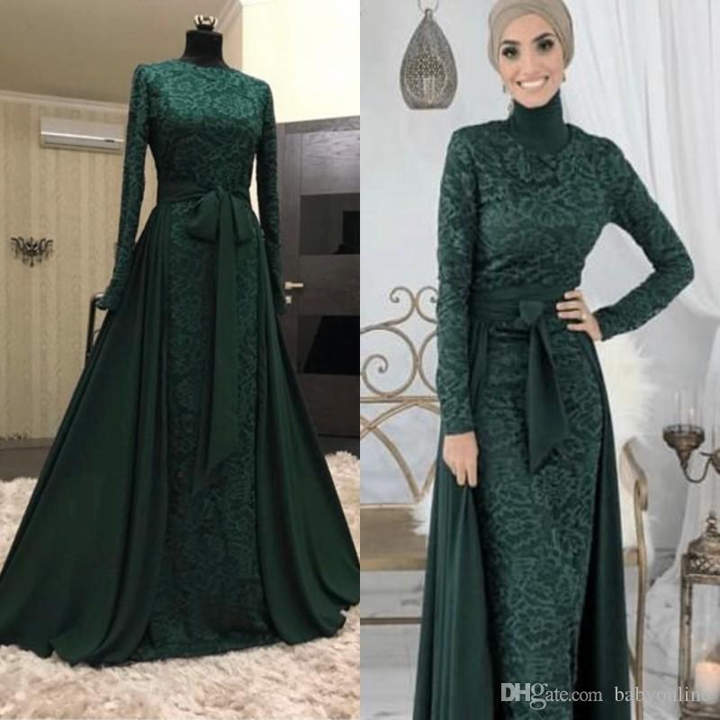 Dark Green Muslim Long Evening Dresses 2018 Arabic Long Sleeves Lace Hijab Dresses With Detachable Skirt Robe De Soiree ba9600
