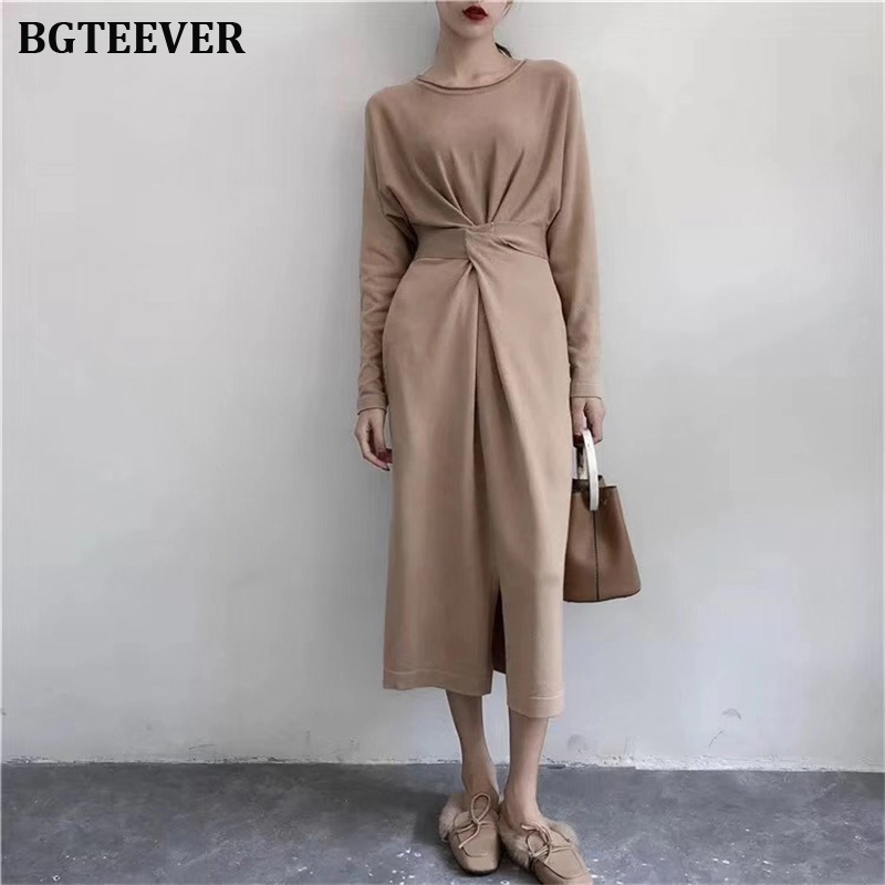 

Vintage Slim Waist Women Sweater Dress Chic Lace Up Split Female Jumpers Vestidos Elegant Women Bodycon Knitted Dress 2019, Black