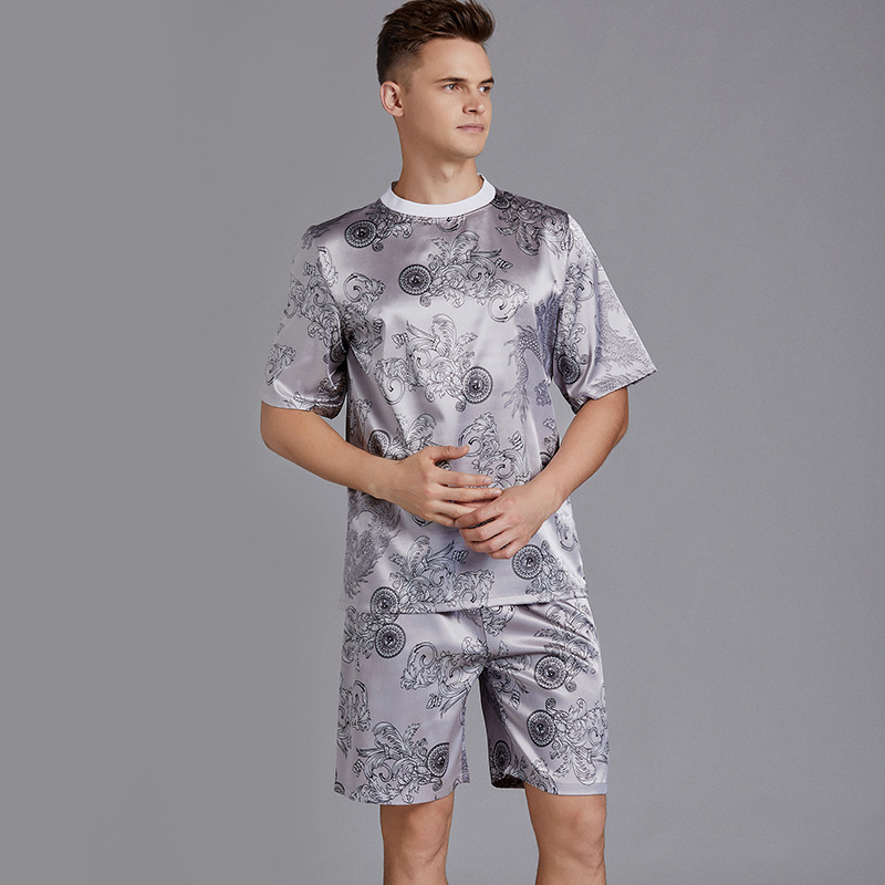 

O-Neck Sleep Set Mens Nighty Top Short Pants Pajamas Suit Summer Male Lounge Nightwear Pyjama Robes Nighties Bathrobe Homewear, White - 1767