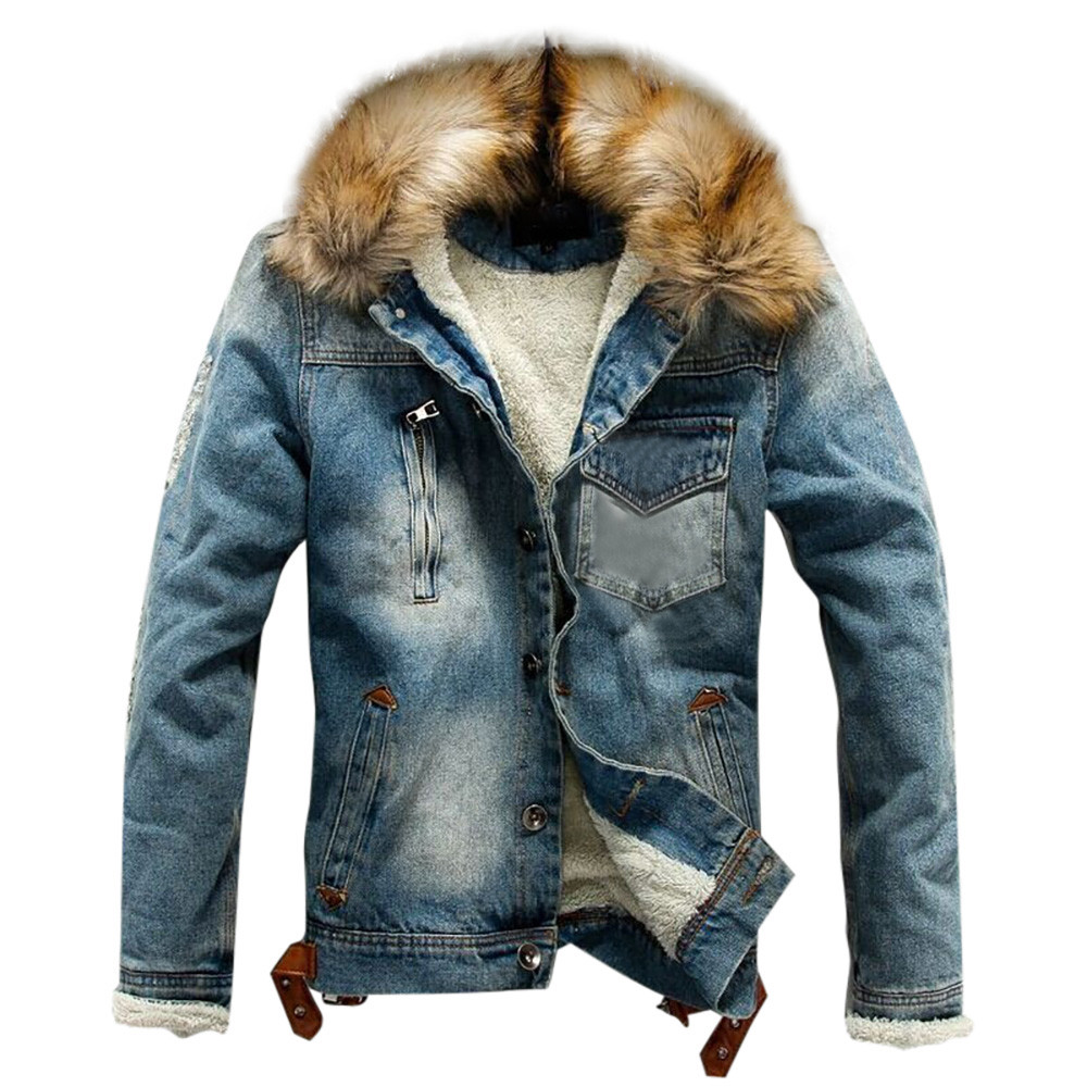 

Denim Jackets Men Hooded Cotton Liner Winter Hardy Warm Pocket Button Rinsing Flick Denim Coats Jackets Plus Size Jeans Jacket, Bk