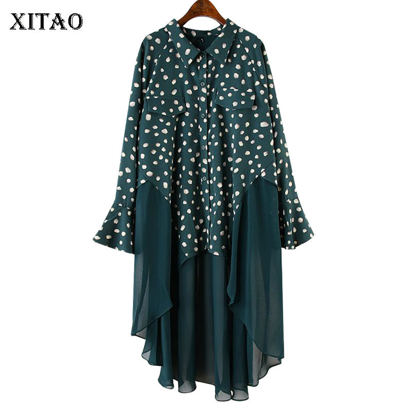 

XITAO] New Women Fashion 2019 Spring Summer Loose Turn-down Collar Full Sleeve Pocket Casual Knee-length Dot Dress ZLL2857, Black zll2857