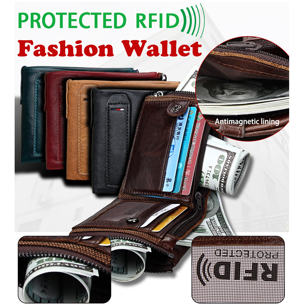 

Men Genuine Leather Fold Over Short Wallet RFID Blocking Purses Multi-Card Holder Anti-theft Brush Banknote Pockets Cowhide Pouches Gift, 5 colors for choice