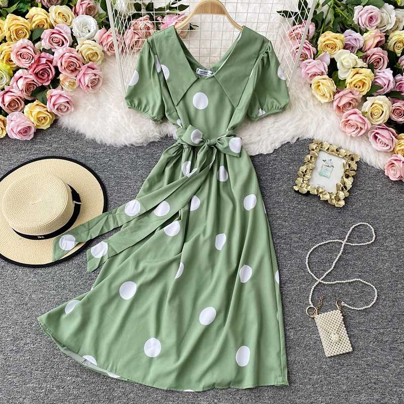 

FMFSSOM Summer Spring V-Neck Big Polka Dot Sashes Belt Multi-Color Puff Sleeve Women Female A-line High Waist Midi Dress, White