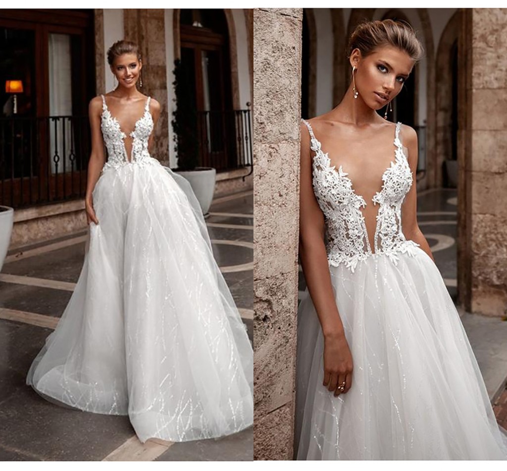 

Glitter Tulle Empire Waist Berta Wedding Dresses 2020 Floral Lace Sheer Scoop Plunging Garden Wedding Gowns Vestidos De Novia Bridal Dress, White