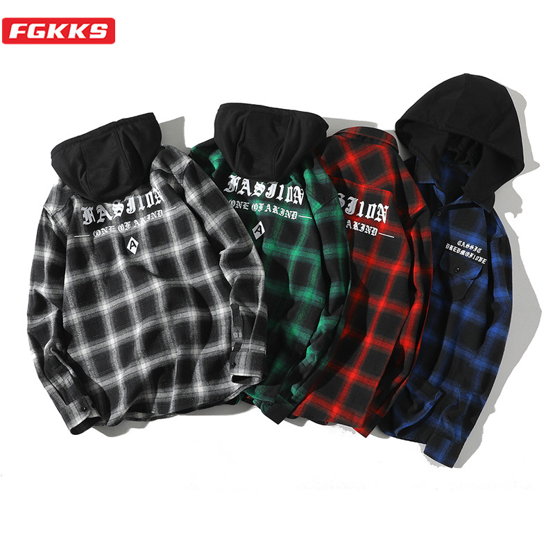 

FGKKS Fashion Brand Men Plaid Shirt Spring Autumn New Men's High Street Casual Shirt Hooded Long Sleeve Shirts Male, Black