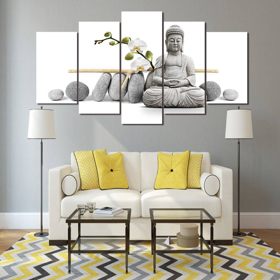 HD Print 5 Piece Canvas Art Zen Buddha with Orchid Painting Buddha Canvas Prints No Frame-image-450166105