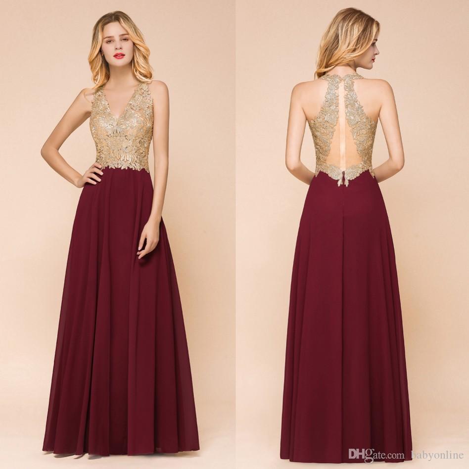 

Hot Sell Burgundy Prom Dresses Gold Appliques A Line Sleeveless Sheer Backless Long Vestidos Evening Gowns CPS1452, Same as picture