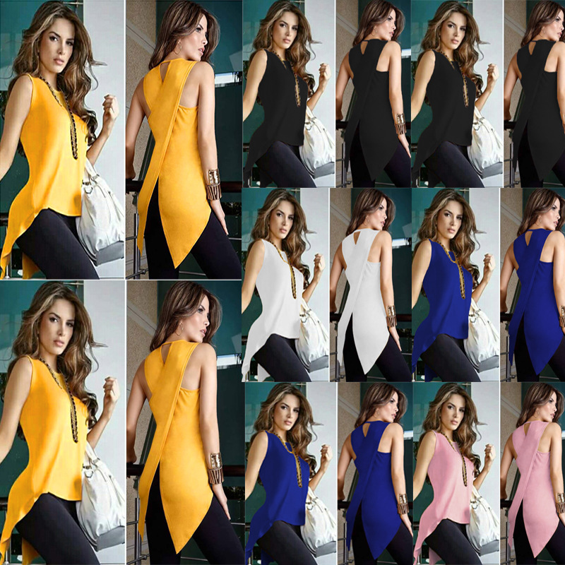 

2020 Spring and Summer Hot Explosion Fashion Back Slit Irregular Top T-shirt Yellow Promotion 0382#, Beige