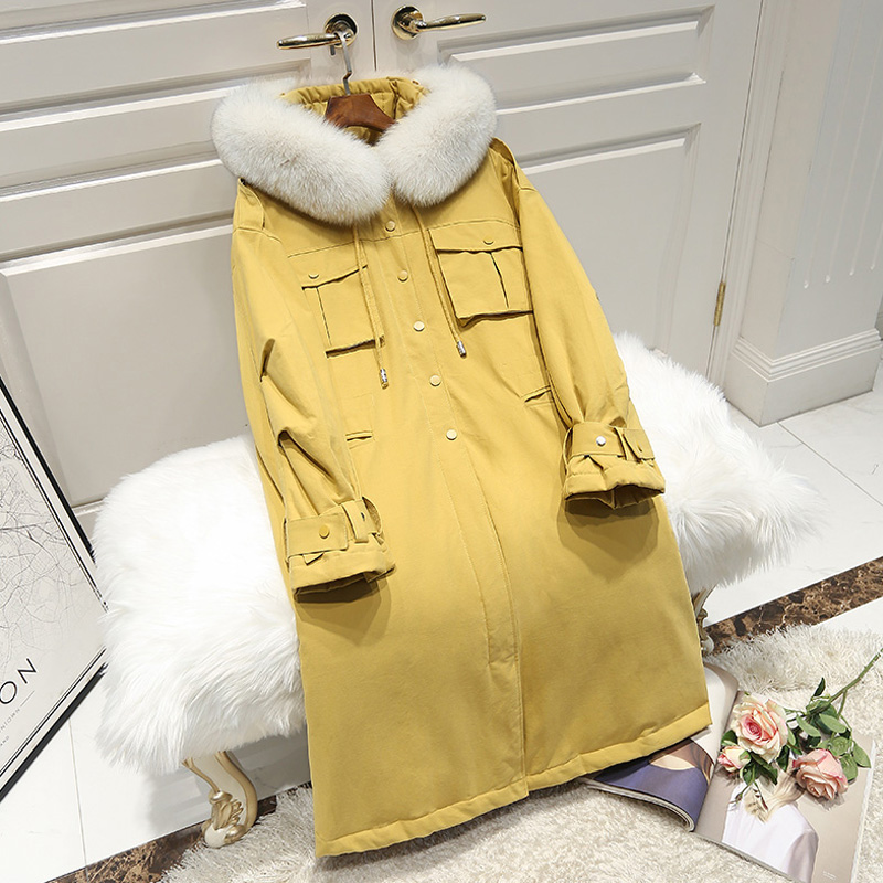 

Janveny Long Down Jacket Women 2020 Large Natural Fur Hooded Winter Coat Women 90% White Duck Down Thick Female Parkas, Beige