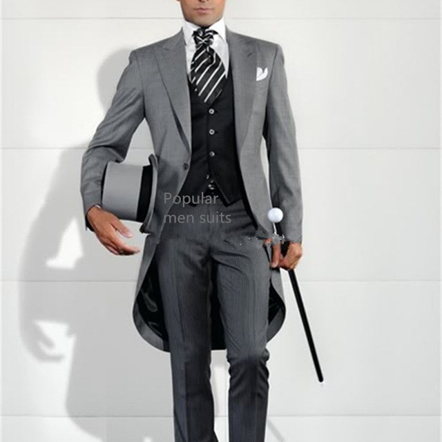 

Grey Jacket Pants Black Vest Groom Tuxedos Tailcoat Men Suit For Wedding 3Pieces(Jacket+Pant+Vest+Tie) Prom Party Formal Suits, Same as picture