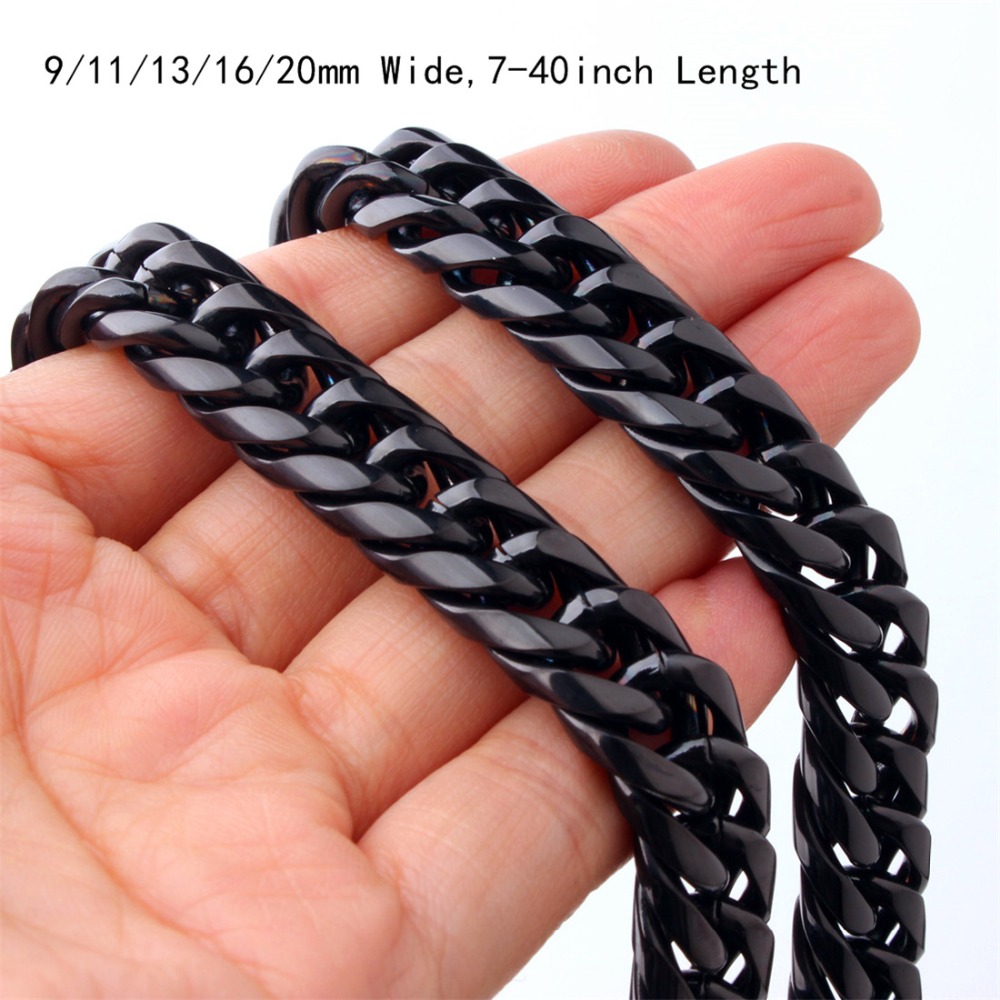 

9/11/13/16/20 MM 316LStainless Steel Black Curb Cuban Chain Necklace/Bangle Charm Jewelry For Men Women 7-40INCH Length