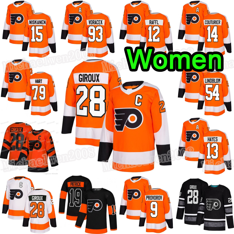 

Women Philadelphia Flyers Claude Giroux Travis Konecny Oskar Lindblom Ivan Provorov Sean Couturier Raffl Brian Elliott Carter Hart Jersey, Black;red