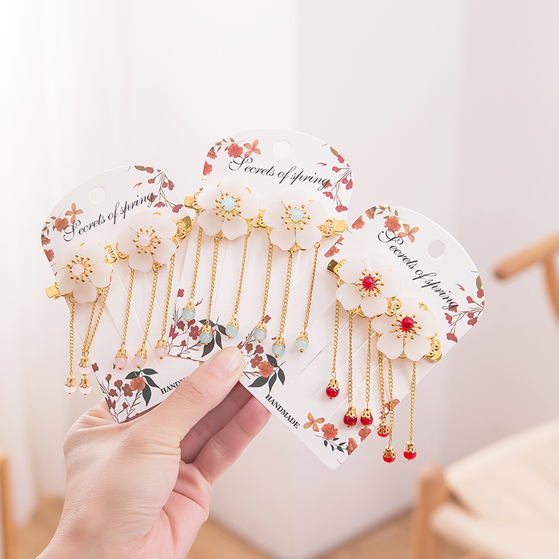 

2pcs Antiquity Chinese Hairpins Girls Flowers Hair Comb Clip Tassel Hair Pins Kids Baby Headwear Accessories, A pink