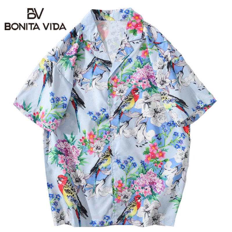 

Bonita Vida Parrots Flowers Print Hawaiian Shirts Men Casual Aloha Beach Tropical Hawaii Summer Short Sleeve Button Down Shirt, Blue