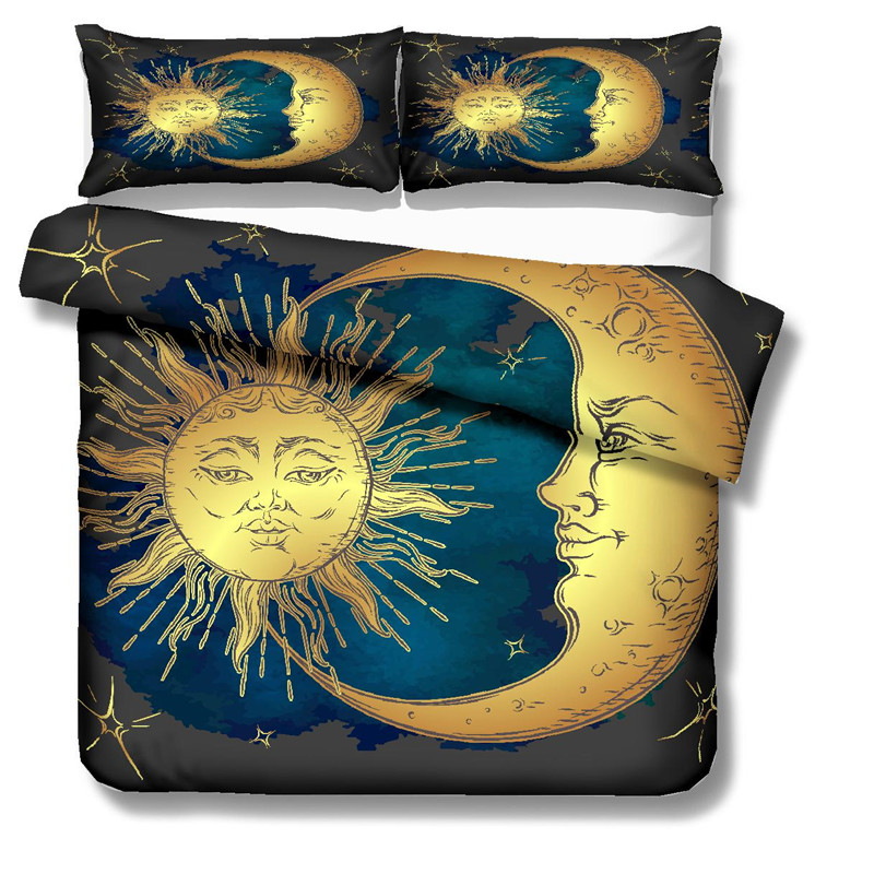 

Gold Moon Accompanys Sun Duvet Cover With Pillowcase bohemia bedding set Black Dark Blue Bedlines King size Quilt Cover 3pcs