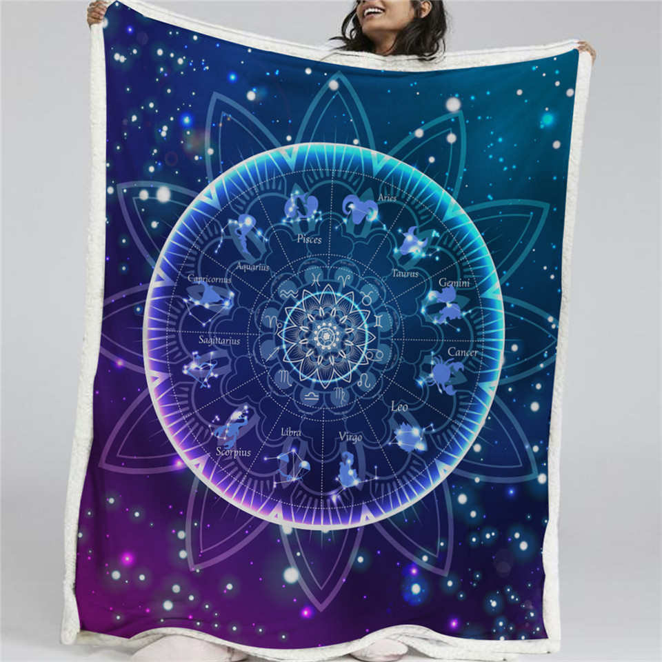 

HM Life Zodiac Blanket Mandala Sherpa Fleece Blanket Bling Glitter Galaxy Couch 150cmx200cm Astrology Bedding Home Textile