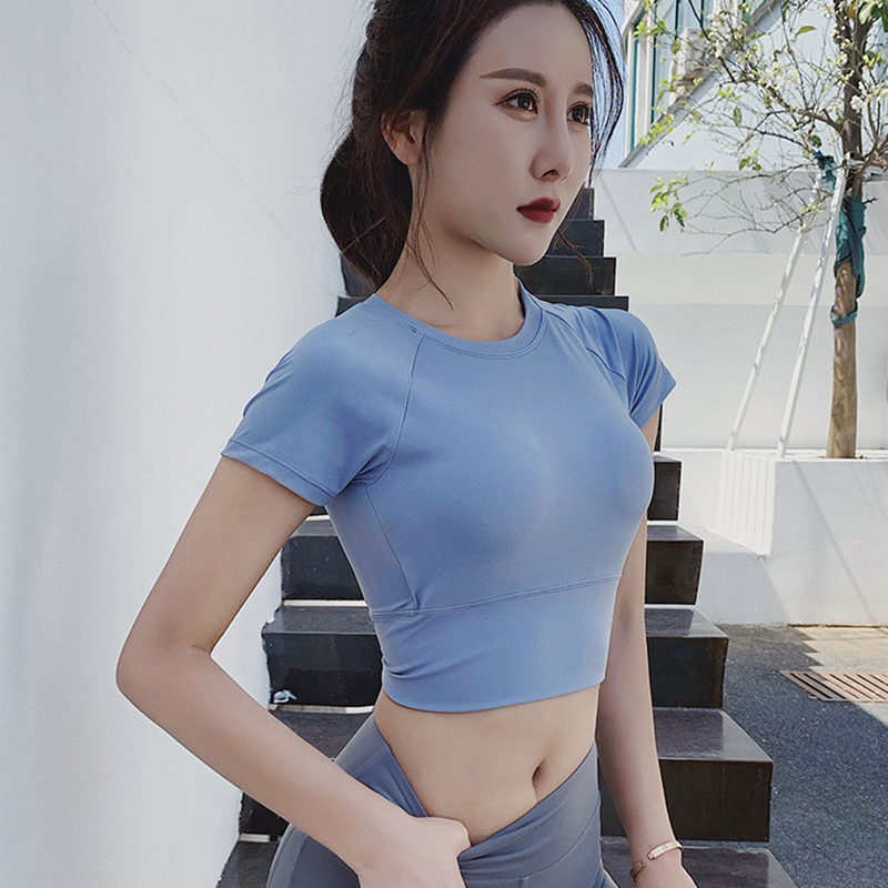 

Women Short Sleeves Yoga Crop Top Sport Fitness Padded Shirt Breathable Silm Sports Wear for Women Gym, Blue