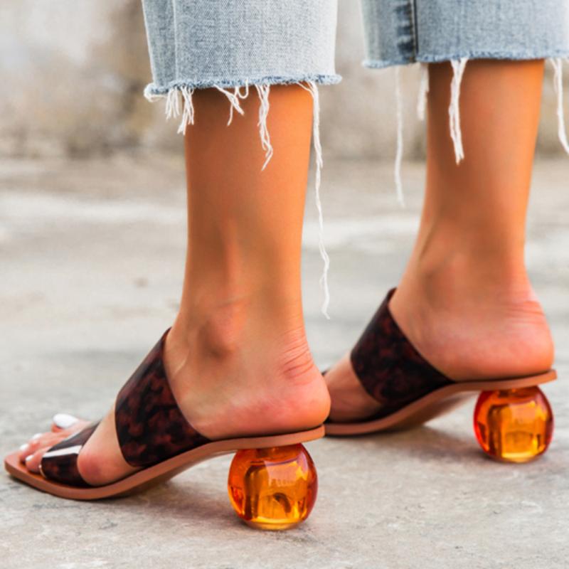 

Clear Summer PVC Square Toe Ladies Shoes Transparent Crystal Round Ball Heel Slippers Women Leopard Grain Jelly Sandals