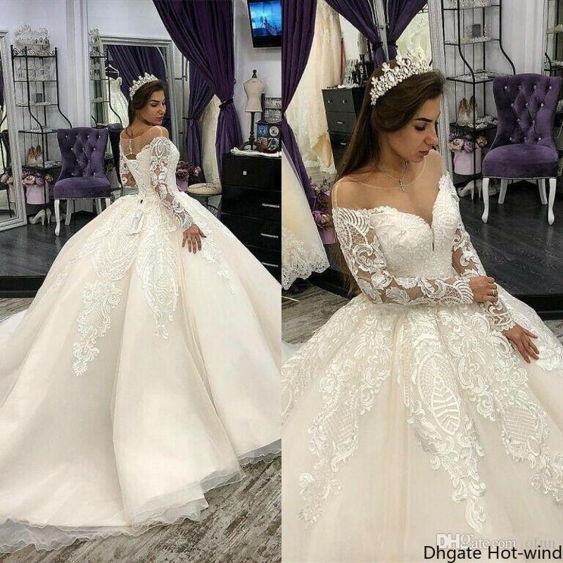 

Luxury Princess Scoop Neck Lace Tulle Court Train Wedding Gowns Applique Beads Long Sleeve Ball Gown Wedding Dresses, White