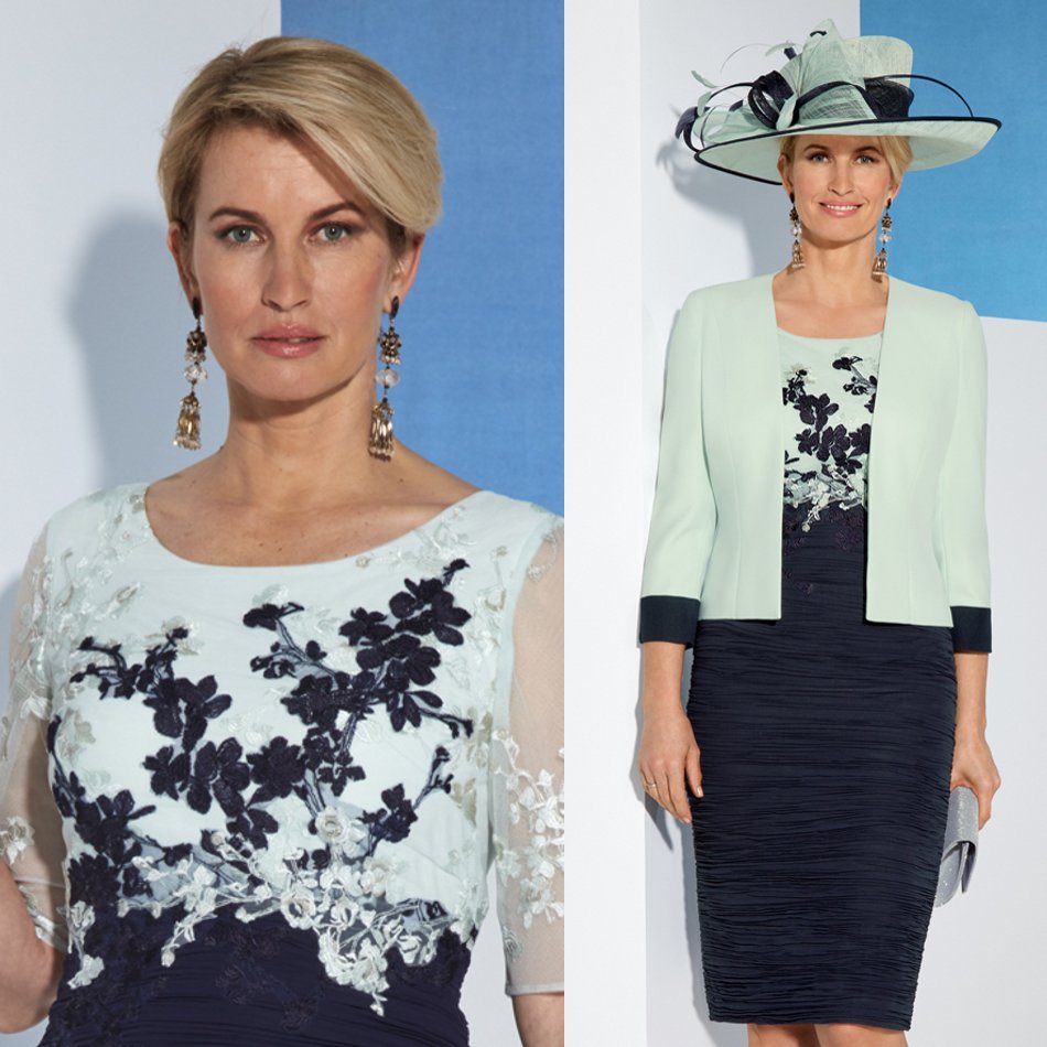 

2020 Modest Formal Mother Of The Bride Dress Jewel Neck Lace Satin Applique Mother Dress Evening Gowns Knee Length Two Pieces Customized