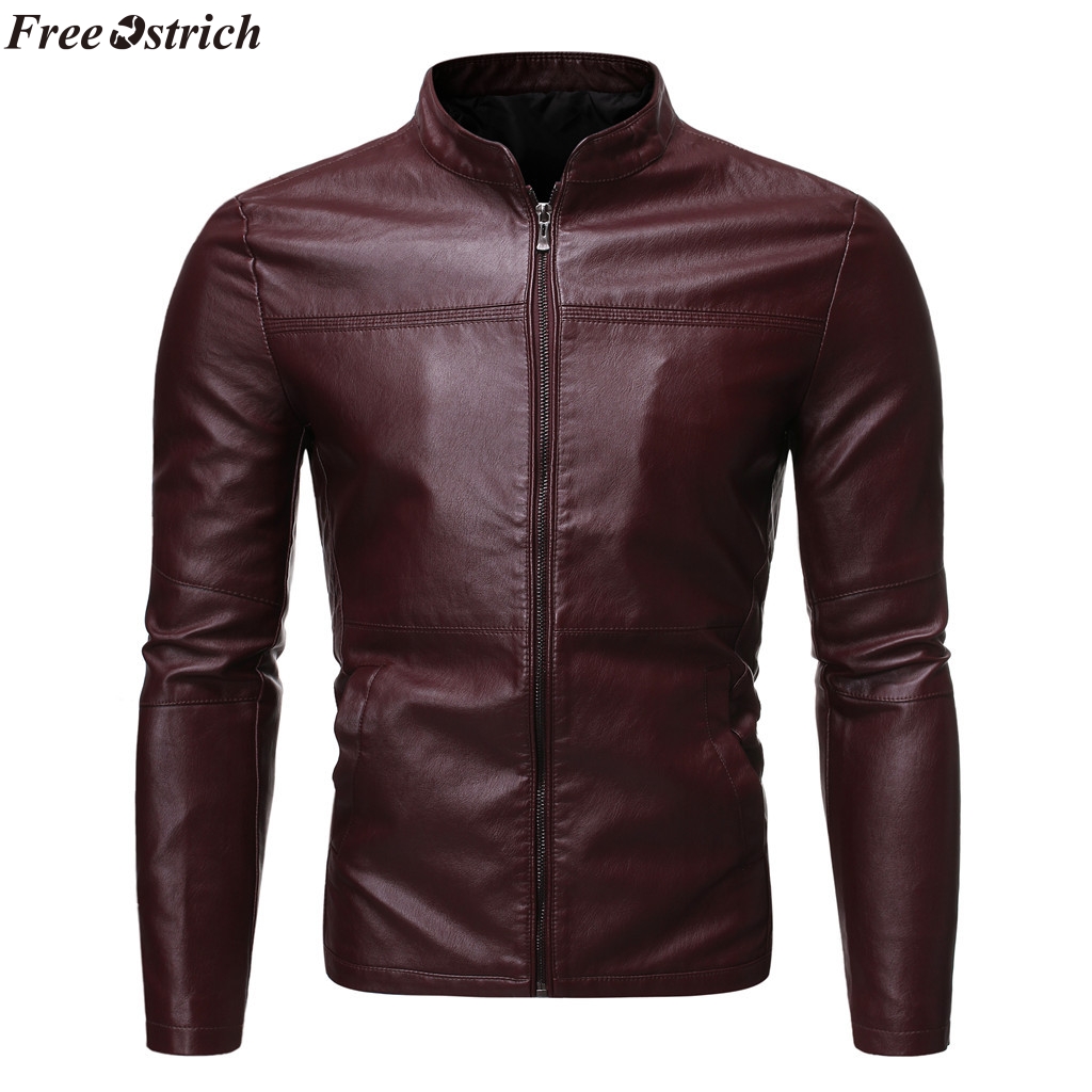 

Men's Jackets FREE OSTRICH Autumn Leisure Long-sleeved Leather Men Winter Windproof Moto Biker Style Thick Warm Jacket, Black