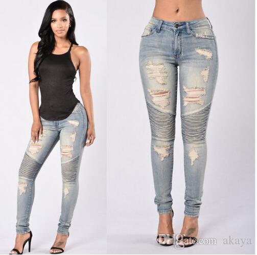 

Wholesale- Ladies Stretch Ripped Sexy Skinny Jeans Womens High Waisted Slim Fit Denim Pants Slim Denim Straight Biker Skinny Ripped Jeans, As shown