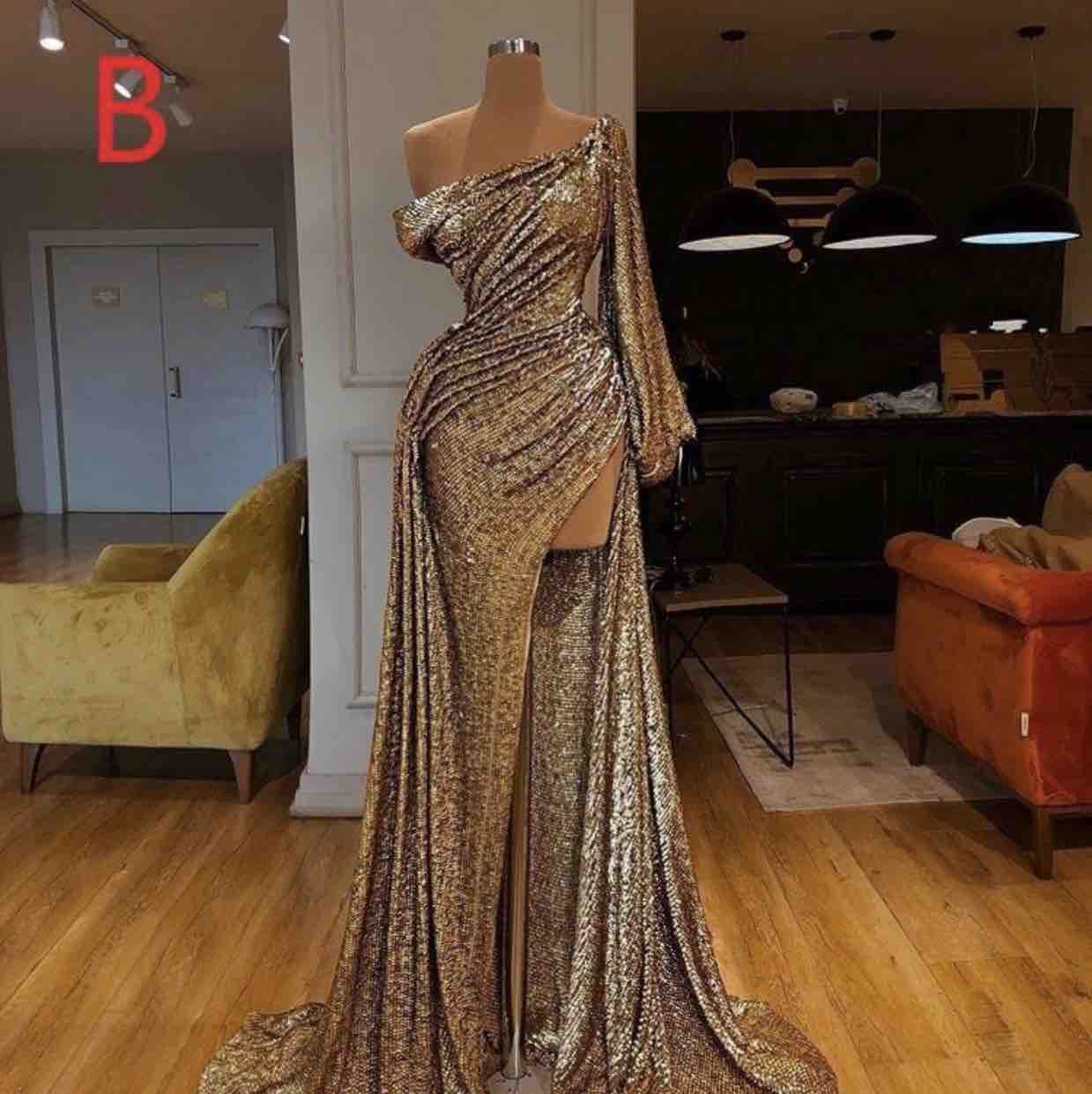 

2020 Sexy Long Sleeve Gold Mermaid Reflective Prom Dresses Sexy High Split Sequined Formal Evening Gowns robe de soiree Abendkleider, Royal blue