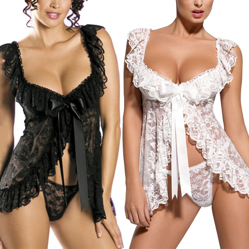 

Women Lace Bandage Sleepwear Sexy Translucent Sleeping Wear Ladies Sleeveless Sleeping Trousers Tintered Temptation, White