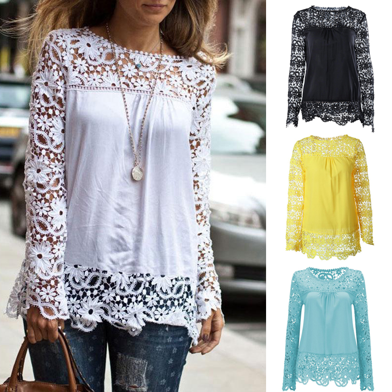 

Chiffon Lace Blouse Shirt Plus Size 6XL 7XL Embroidery Patchwork Women Casual Long Sleeve Ladies Loose Tops Shirts Female Blusas, White