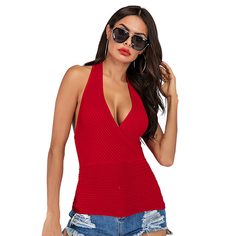 

Summer Women Clothes Sexy Backless Cross Deep V-Neck Knitted Tank Tops 2020 Bandage Wrap Ladies Bustier Tops Femme, Red