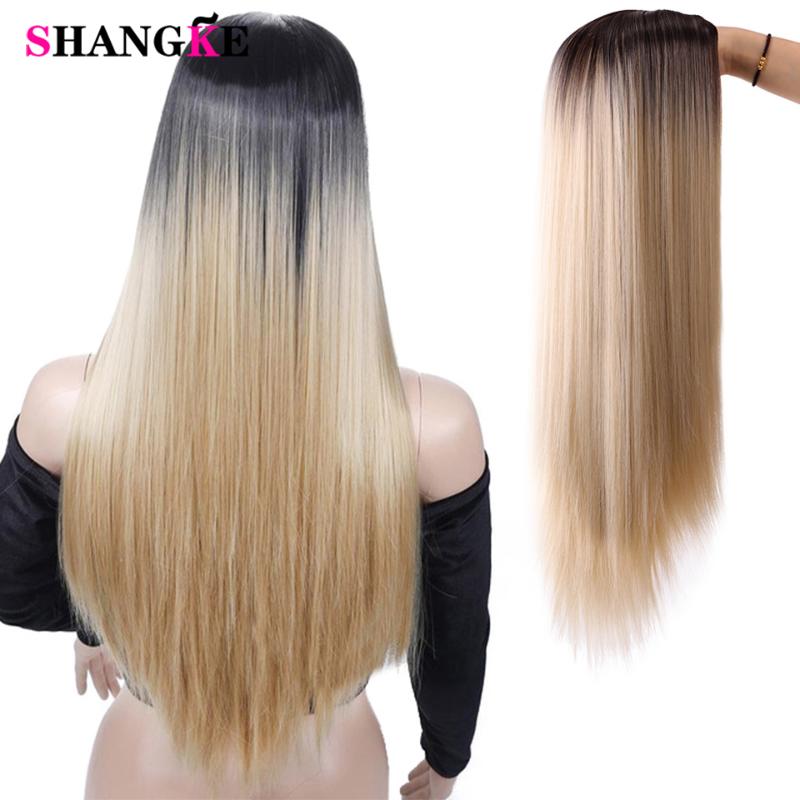 

SHANGKE Long Natural Straight Synthetic Wig Mixed Brown and Blonde Long Wigs for Women African American, Green